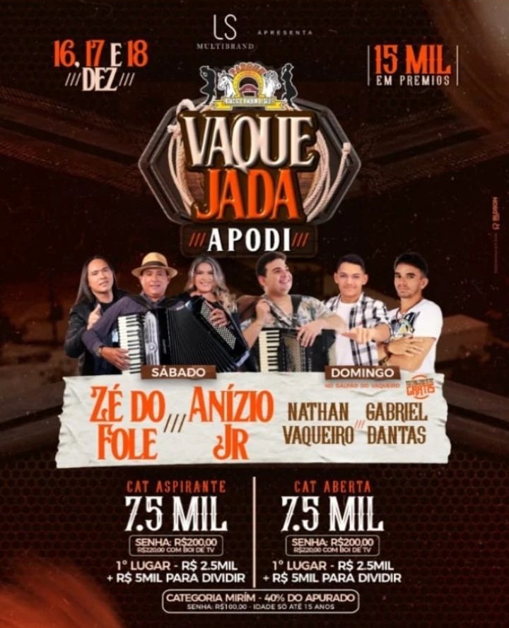 Vaquejada de Apodi no Parque Francisco Joaquim de Sales nos dias 16 a 18 de dezembro de 2022.